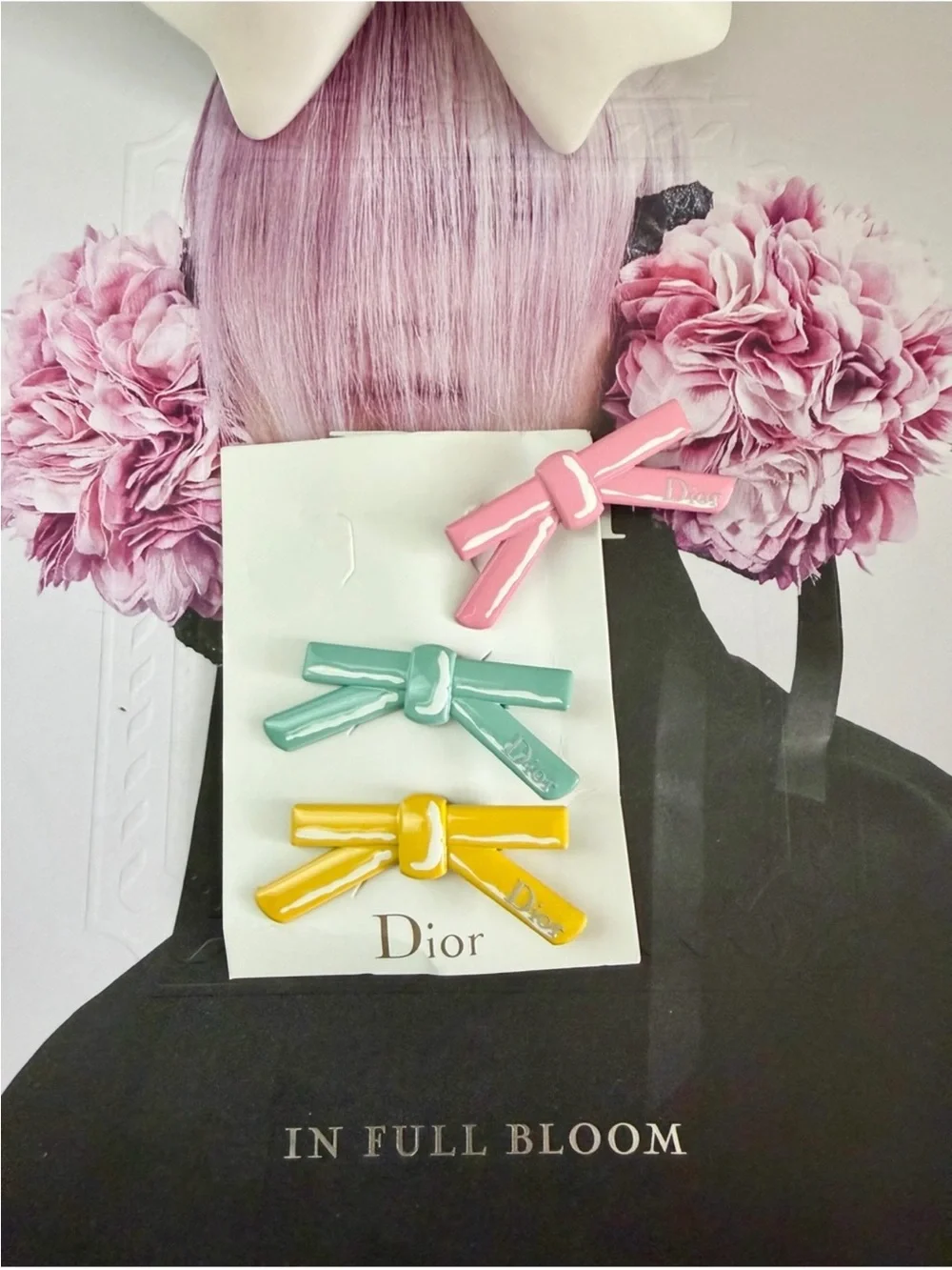 Dior Ribbon Hair Clips in Pink, Teal, Yellow